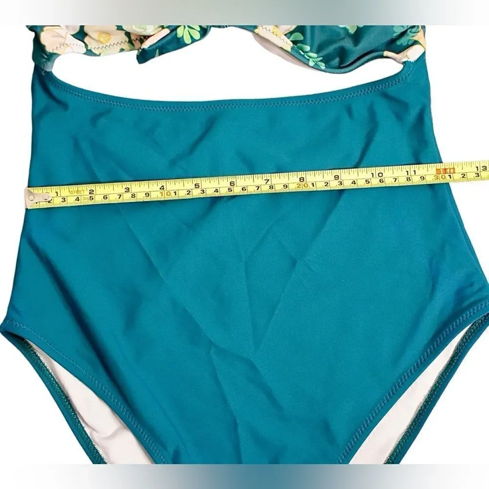 Tropical Floral Cut Out Tummy Teal Moderate Coverage 1pc Swimsuit SMALL Vacation